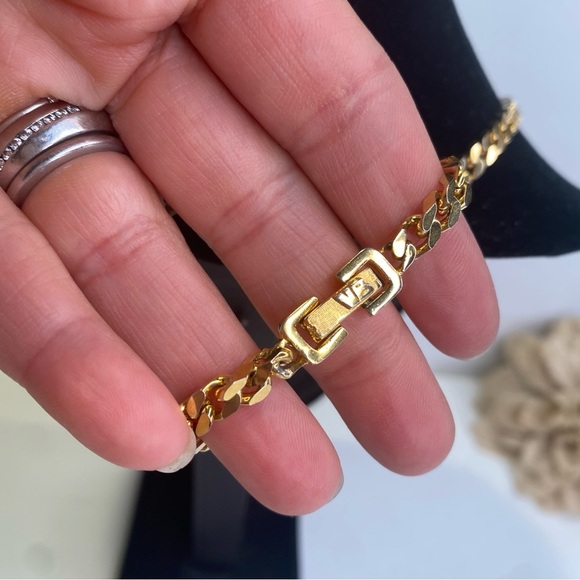 Vintage VB Marked Cuban Gold Tone Chain Necklace With 4 Crystal Flowers - Picture 9 of 11